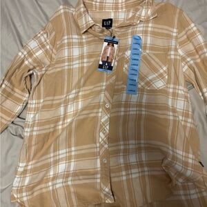 GAP Women's Beige and White Plaid Shirt